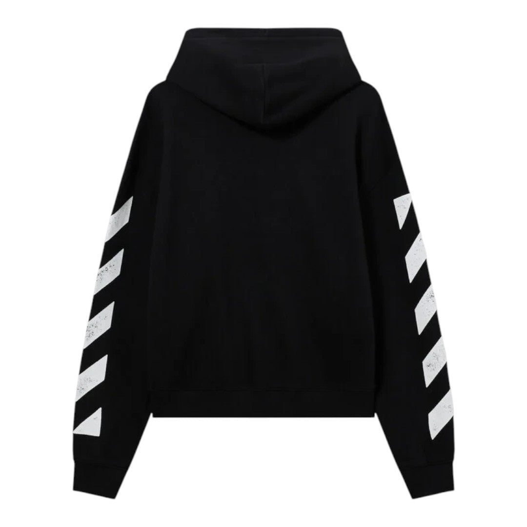 Ballers Clothing Shop black L/AB c/o Off-White zip hoodie with white diagonal sleeve motifs, back view