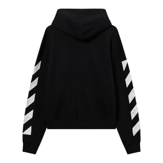 Ballers Clothing Shop black L/AB c/o Off-White zip hoodie with white diagonal sleeve motifs, back view