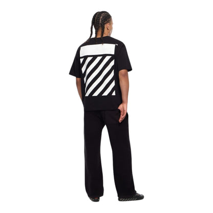Ballers Clothing Shop black short sleeve t-shirt with white diagonal stripe graphic on back worn by a model