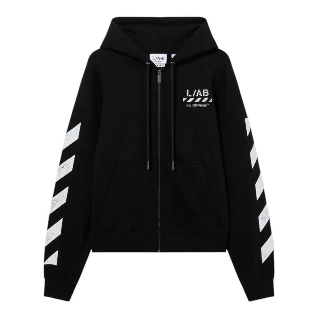 Ballers Clothing Shop L/AB c/o Off-White black cotton zip hoodie with white diagonal sleeve motifs and chest logo