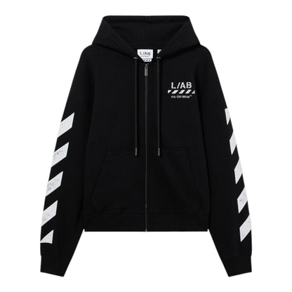 Ballers Clothing Shop L/AB c/o Off-White black cotton zip hoodie with white diagonal sleeve motifs and chest logo