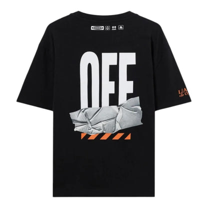 Ballers Clothing Shop black cotton long sleeve tee with large white OFF duct tape graphic on the back