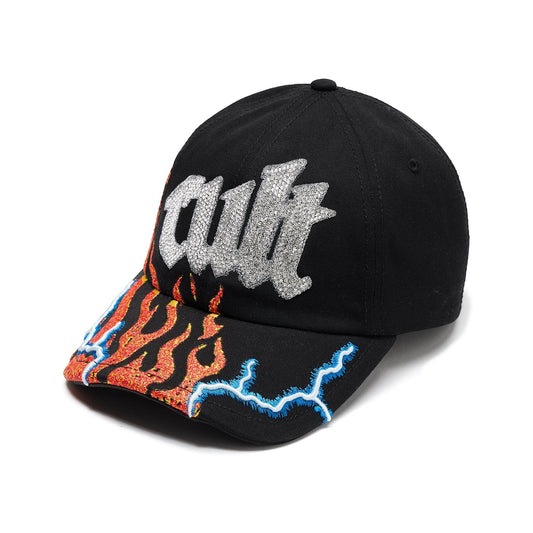 Ballers Clothing Shop black mesh back trucker hat featuring a silver rhinestone CULT logo, flame, and lightning embroidery.