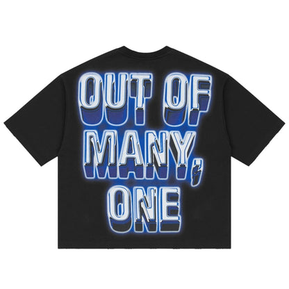 Ballers Clothing Shop black mid-weight washed cotton t-shirt with blue neon-style Out of Many One back graphic print