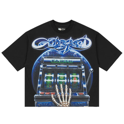 Ballers Clothing Shop black mid-weight washed cotton t-shirt featuring a graphic print of a slot machine and Earth.