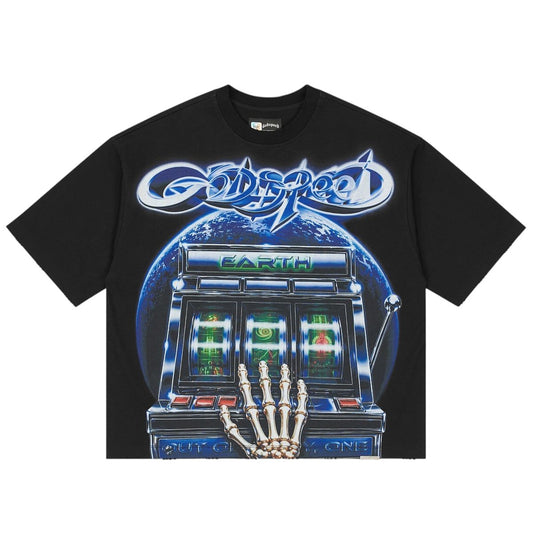 Ballers Clothing Shop black mid-weight washed cotton t-shirt featuring a graphic print of a slot machine and Earth.