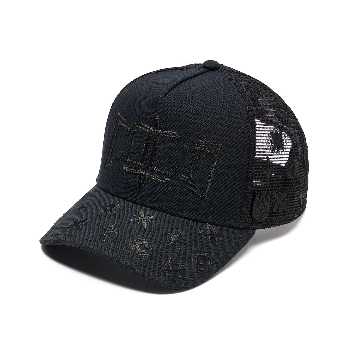 Ballers Clothing Shop black mesh back trucker hat with embroidered rope detail and geometric patterns on the brim.