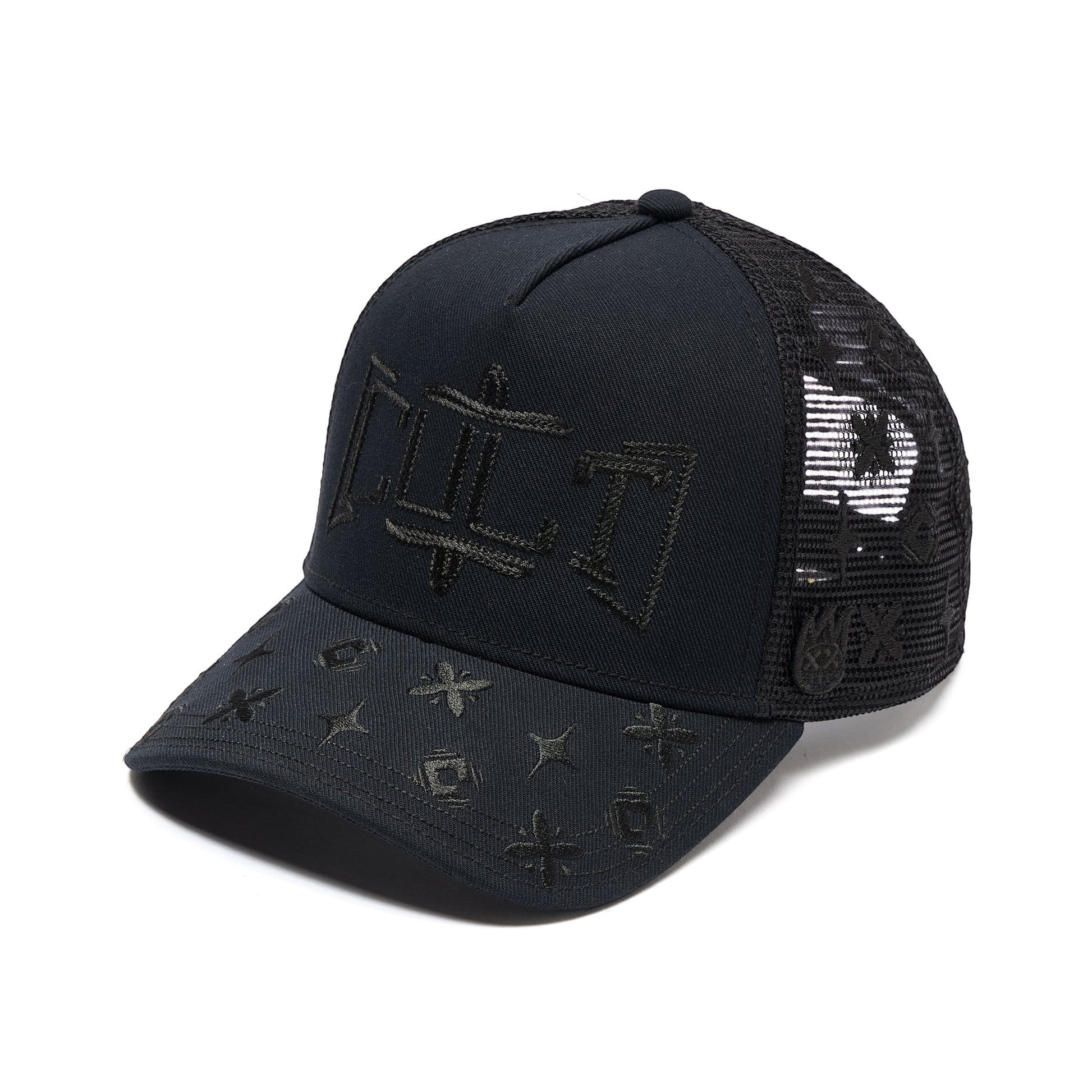 Ballers Clothing Shop black mesh back trucker hat with embroidered rope detail and geometric patterns on the brim.