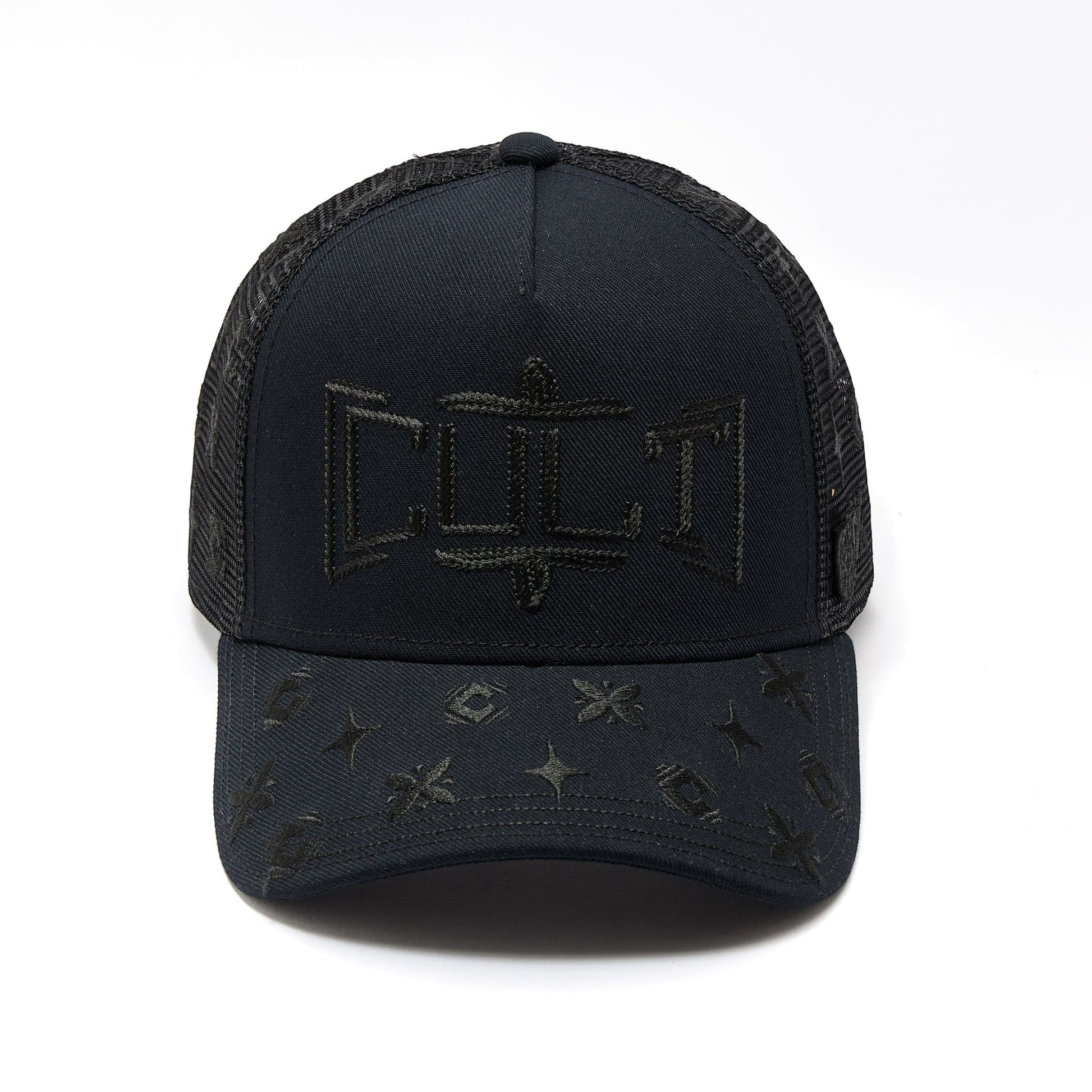 Ballers Clothing Shop black mesh back trucker hat with CULT embroidery and patterned brim detail