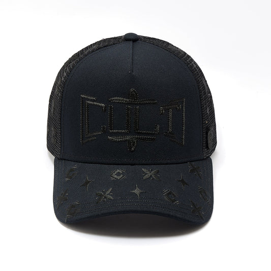 Ballers Clothing Shop black mesh back trucker hat with CULT embroidery and patterned brim detail