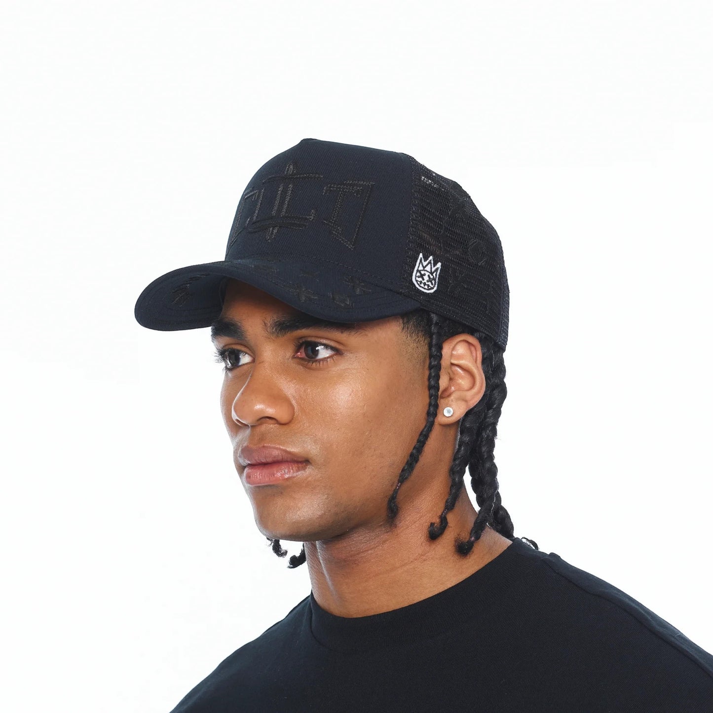 Ballers Clothing Shop black mesh back trucker hat with rope detail and embroidered crown logo on side