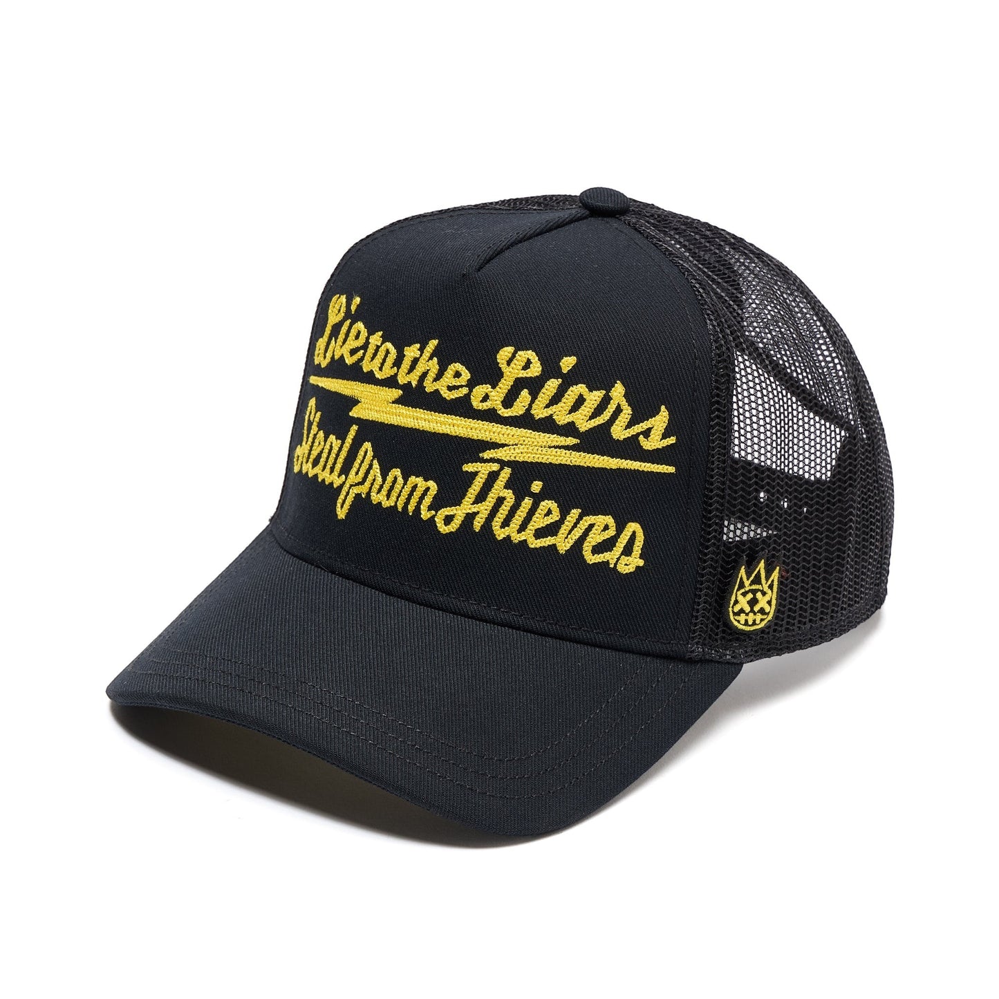 Ballers Clothing Shop black mesh back trucker hat with yellow embroidered Lie to the Liars text and lightning bolt.