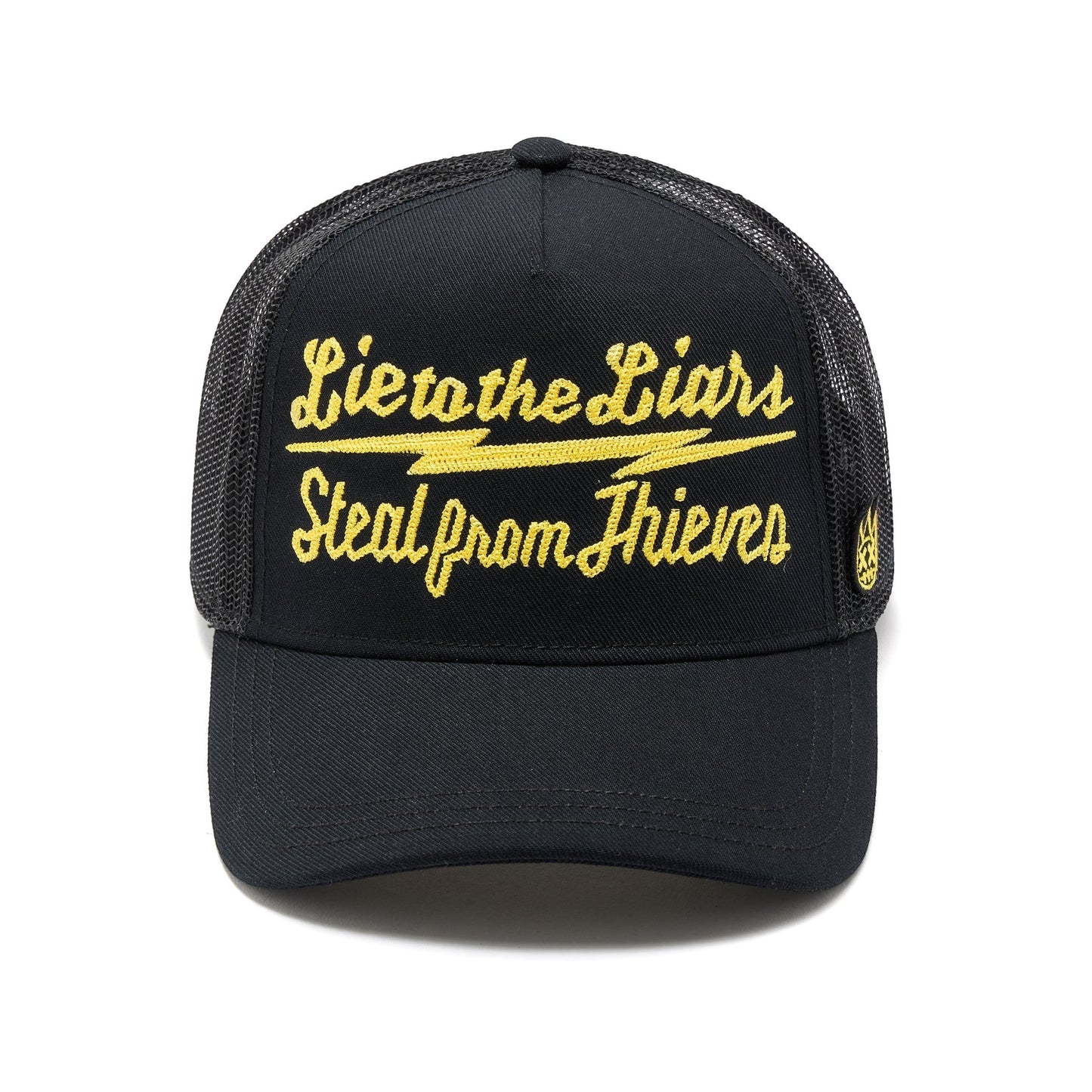 Ballers Clothing Shop black mesh back trucker hat with yellow embroidered Lie to the Liars Steal from Thieves text