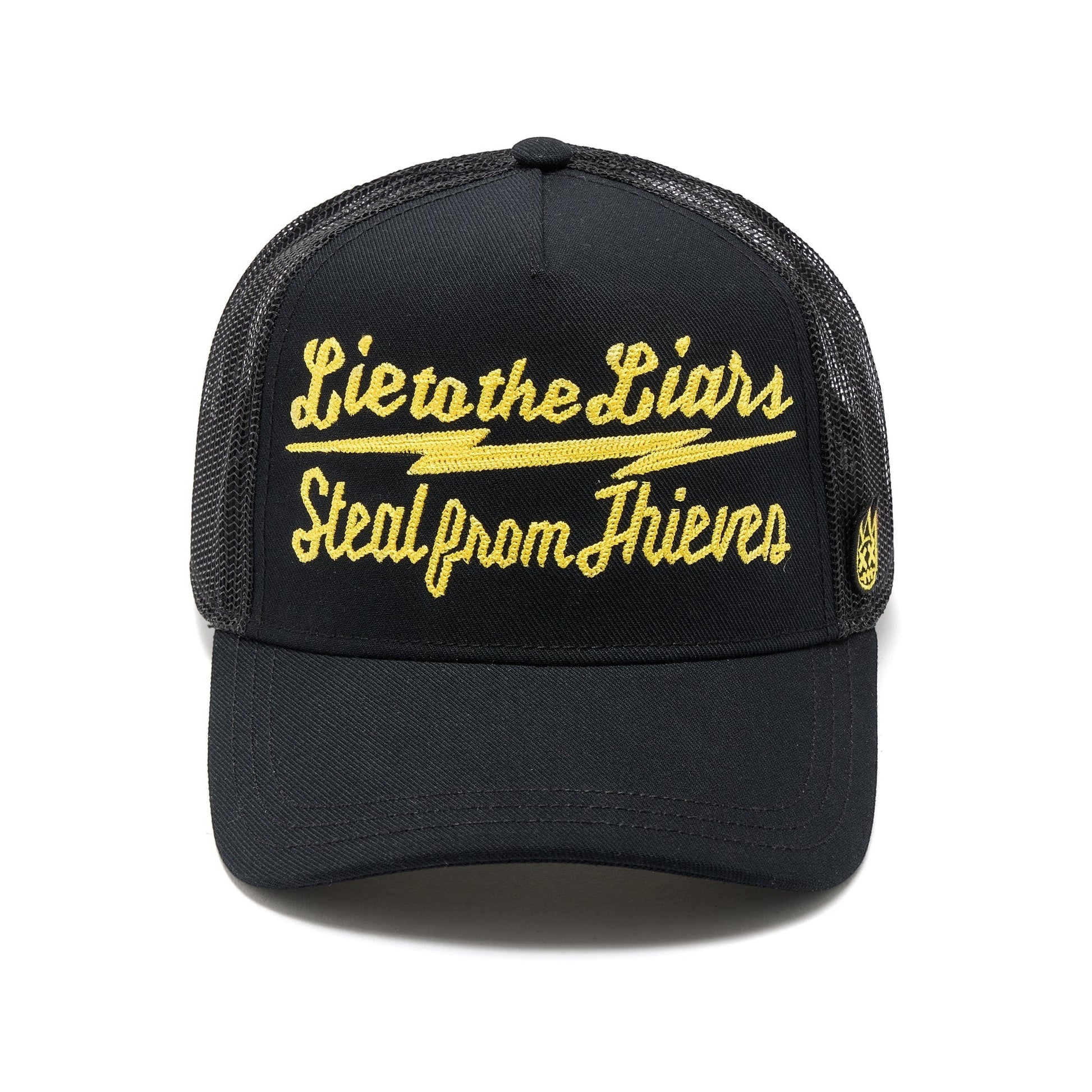 Ballers Clothing Shop black mesh back trucker hat with yellow embroidered Lie to the Liars Steal from Thieves text