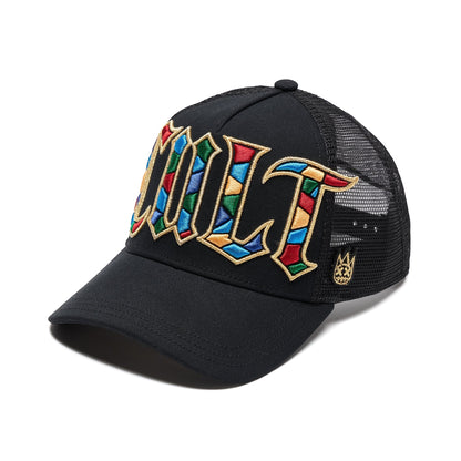 Ballers Clothing Shop black trucker hat with vibrant stained glass style Cult embroidery and breathable mesh back