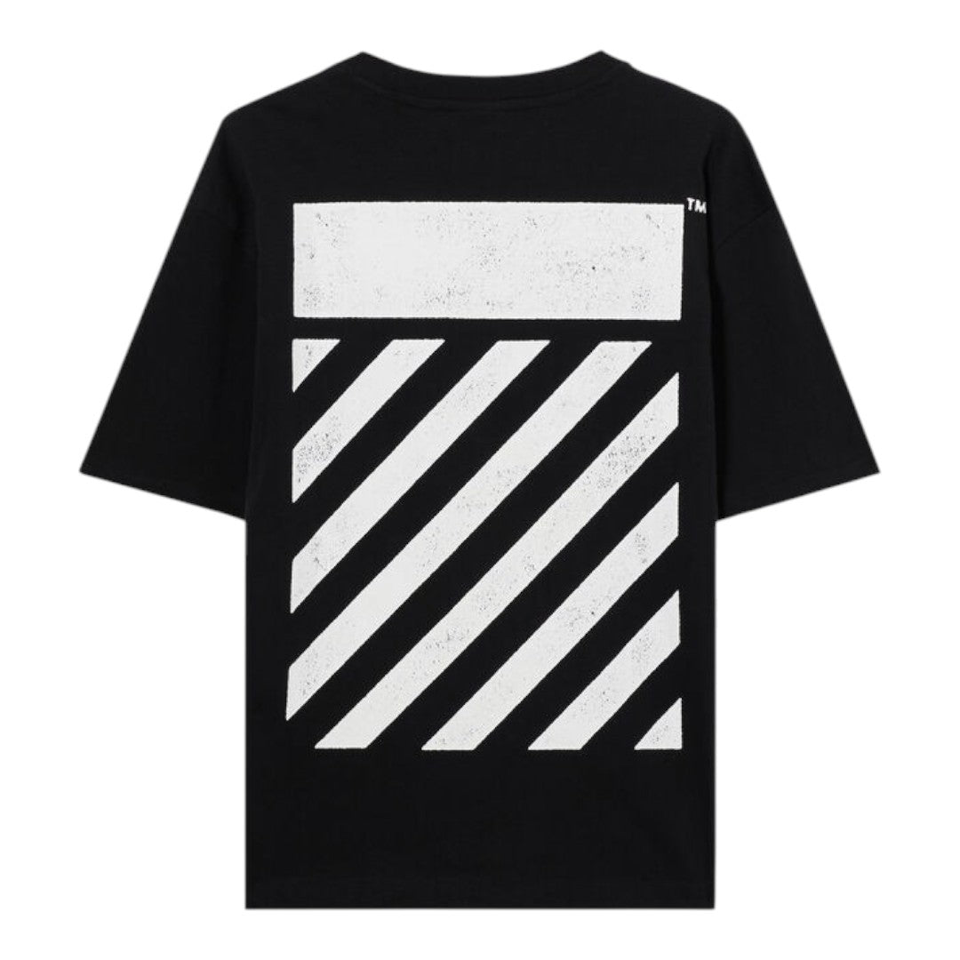 Ballers Clothing Shop black Off-White short sleeve t-shirt with white distressed diagonal stripe back graphic
