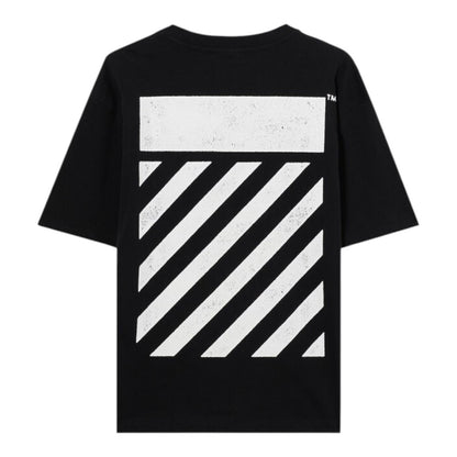 Ballers Clothing Shop black Off-White short sleeve t-shirt with white distressed diagonal stripe back graphic