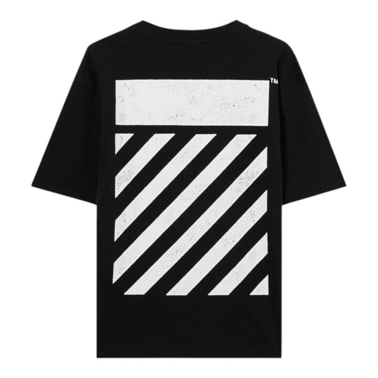 Ballers Clothing Shop black Off-White short sleeve t-shirt with white distressed diagonal stripe back graphic