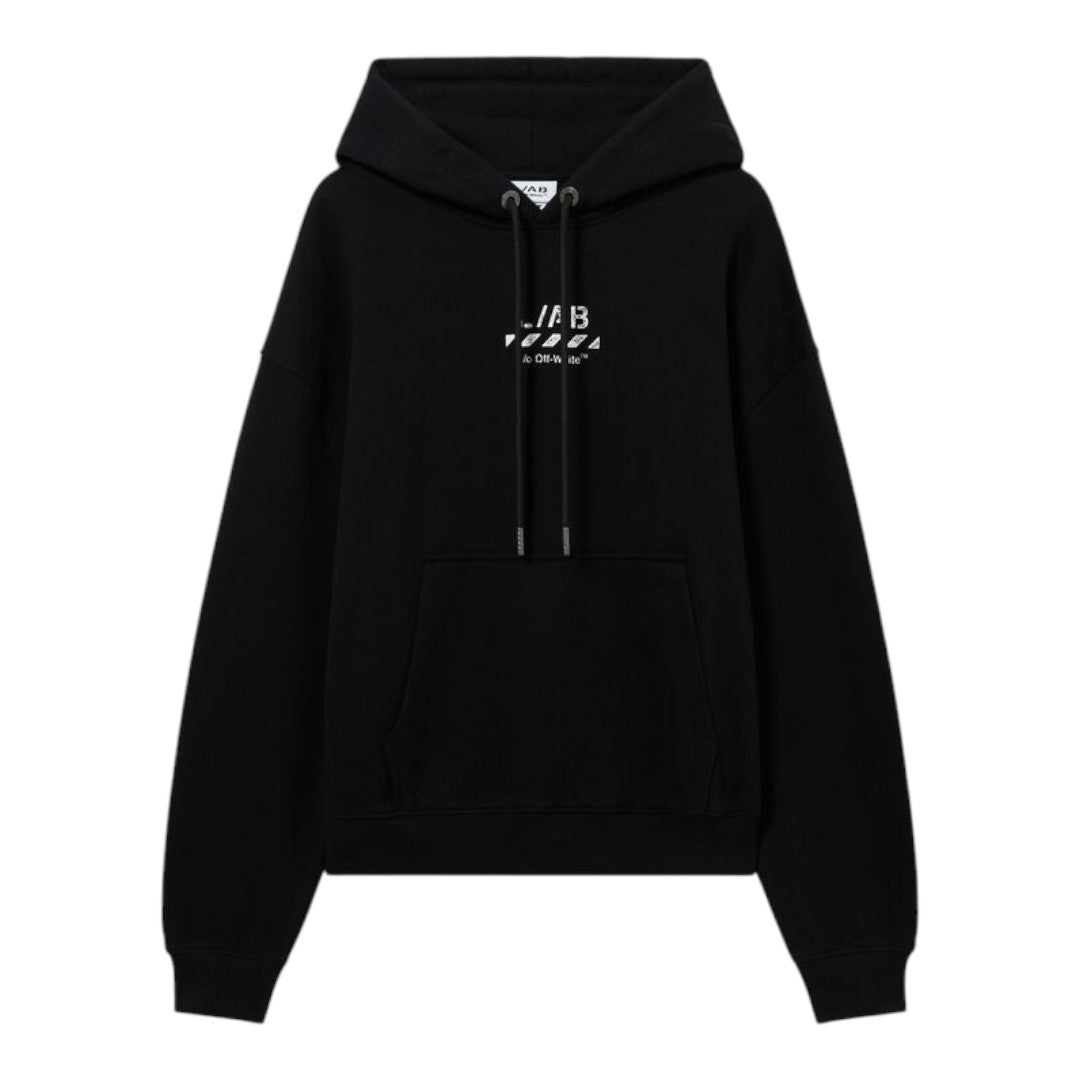Ballers Clothing Shop black L/AB c/o Off-White cotton hoodie with front logo, kangaroo pocket, and drawstring hood.