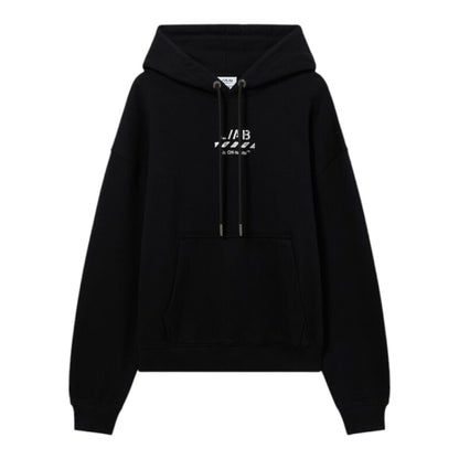 Ballers Clothing Shop black L/AB c/o Off-White cotton hoodie with front logo, kangaroo pocket, and drawstring hood.