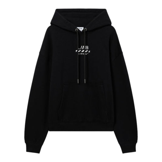 Ballers Clothing Shop black L/AB c/o Off-White cotton hoodie with front logo, kangaroo pocket, and drawstring hood.