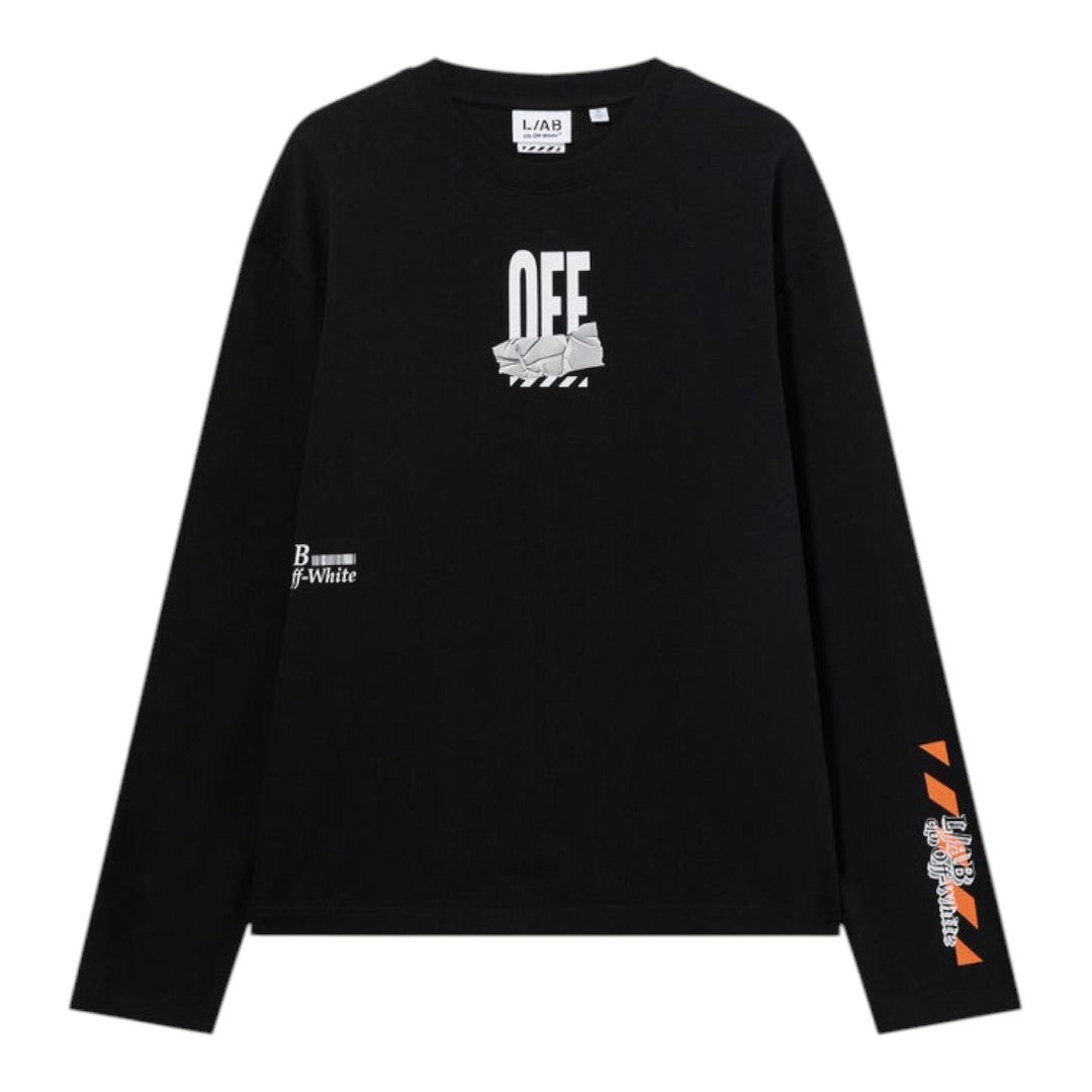 Ballers Clothing Shop black L/AB c/o Off-White long-sleeve cotton t-shirt with chest tape logo and sleeve graphic