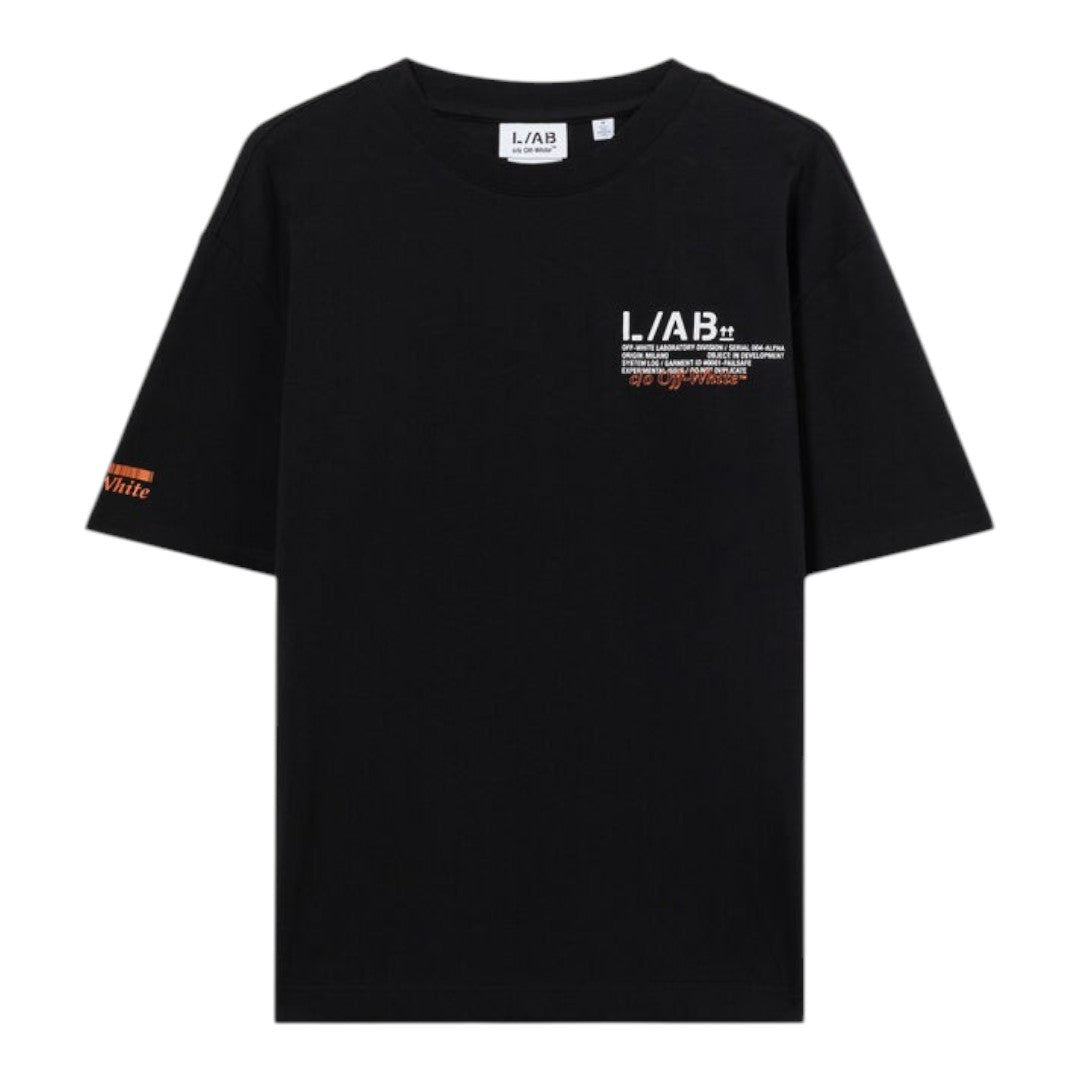 Ballers Clothing Shop black L/AB c/o Off-White cotton t-shirt with front logo and orange sleeve branding