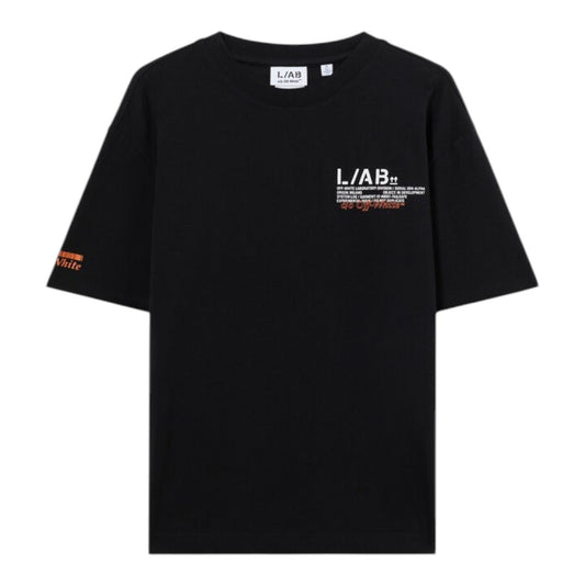 Ballers Clothing Shop black L/AB c/o Off-White cotton t-shirt with front logo and orange sleeve branding