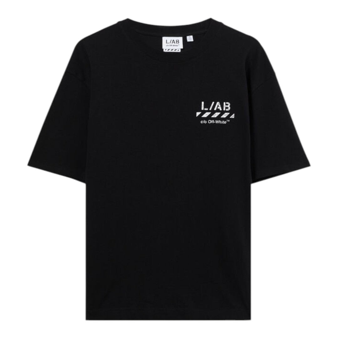 Ballers Clothing Shop black Off-White L/AB short sleeve t-shirt with white diagonal logo print on the chest.