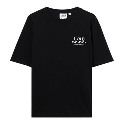 Ballers Clothing Shop black Off-White L/AB short sleeve t-shirt with white diagonal logo print on the chest.