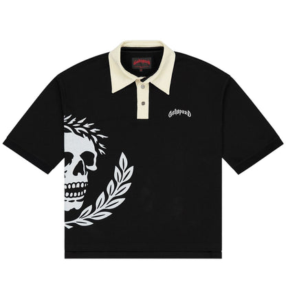 Ballers Clothing Shop black polo shirt with cream collar and white skull and laurel wreath graphic print