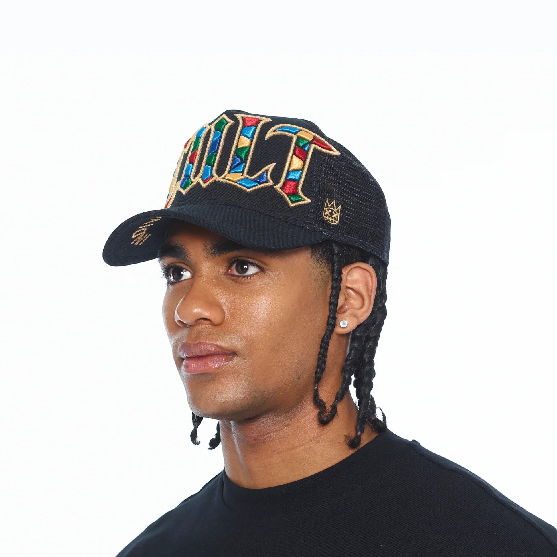 Ballers Clothing Shop black trucker hat with vibrant stained glass style Cult embroidery and gold lurex detailing.