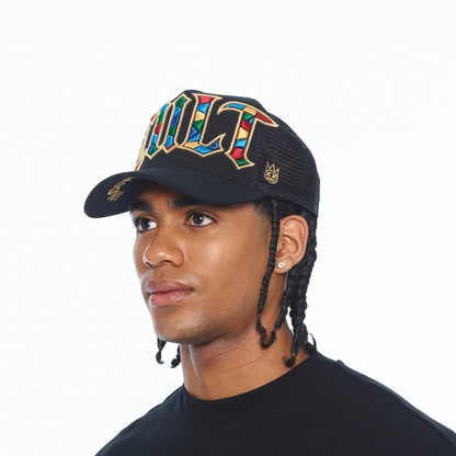 Ballers Clothing Shop black trucker hat with vibrant stained glass style Cult embroidery and gold lurex detailing.