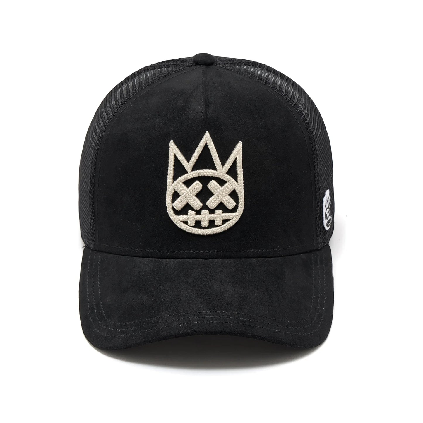 Ballers Clothing Shop black suede trucker hat with mesh back and white chain-stitch Shimuchan logo embroidery.