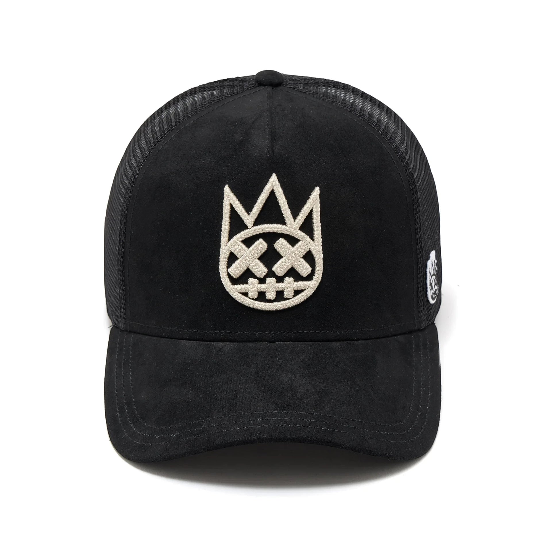 Ballers Clothing Shop black suede trucker hat with mesh back and white chain-stitch Shimuchan logo embroidery.