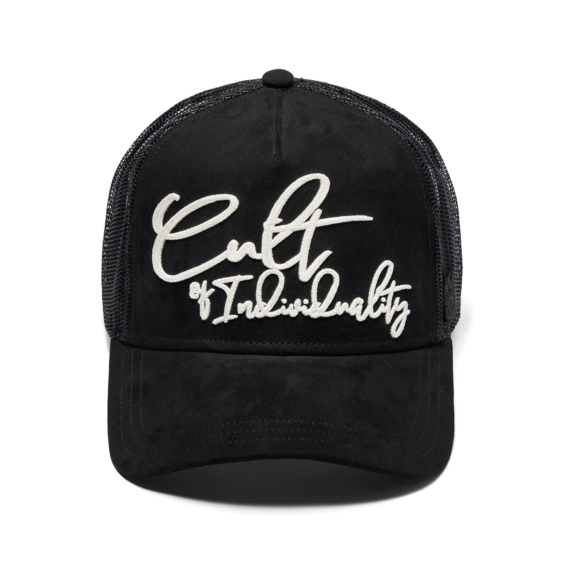 Ballers Clothing Shop black suede trucker hat with white chain-stitch Cult of Individuality logo and mesh back