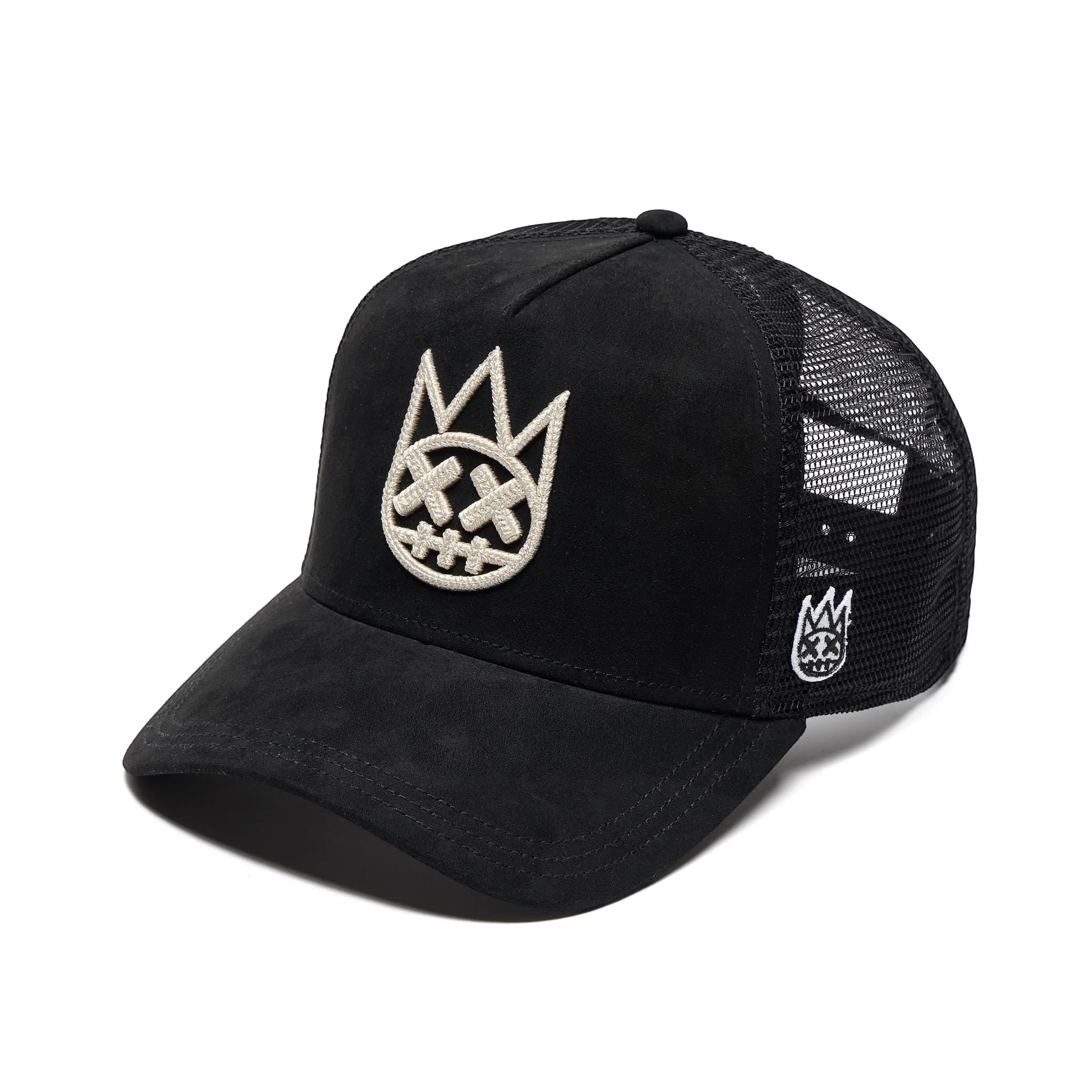 Ballers Clothing Shop black suede trucker hat with mesh back and raised white chain-stitch Shimuchan logo embroidery.
