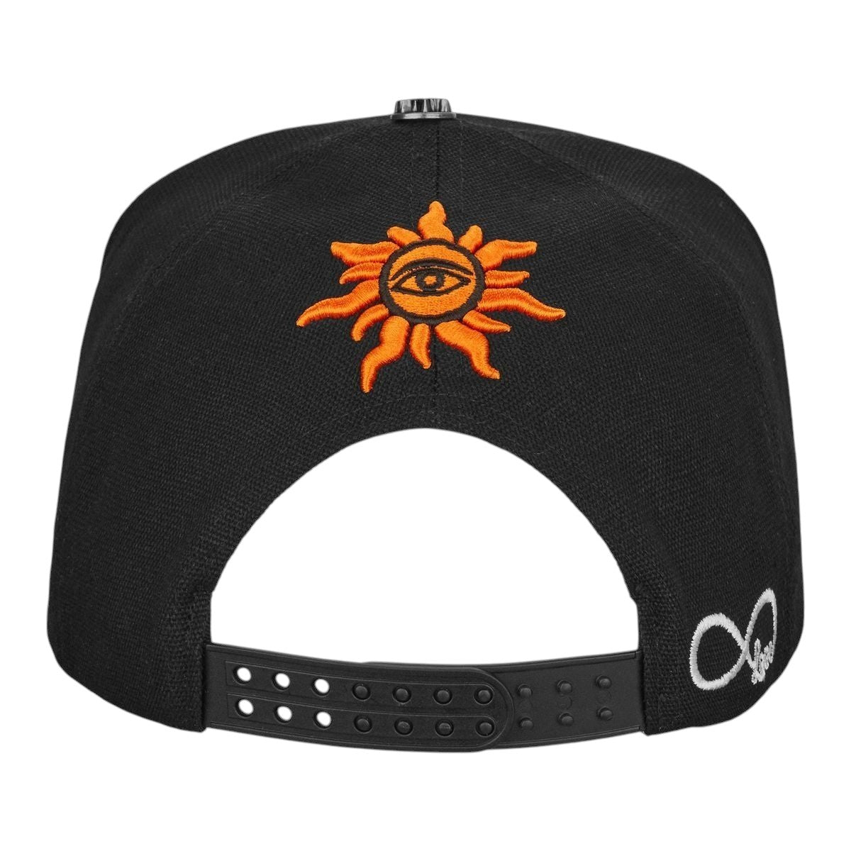 Ballers Clothing Shop black trucker hat featuring an orange embroidered sun eye design on the back and snapback closure