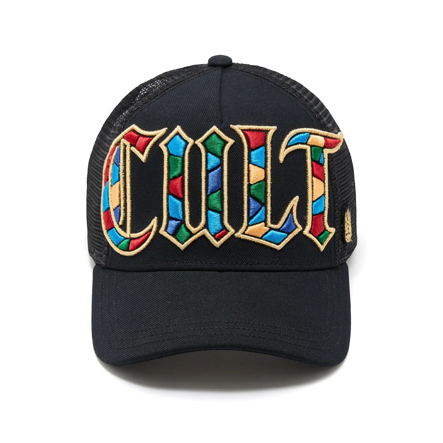Ballers Clothing Shop black mesh back trucker hat with vibrant stained glass style Cult embroidery and gold outline