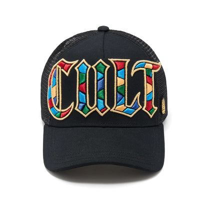 Ballers Clothing Shop black mesh back trucker hat with vibrant stained glass style Cult embroidery and gold outline