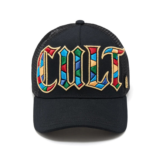 Ballers Clothing Shop black mesh back trucker hat with vibrant stained glass style Cult embroidery and gold outline