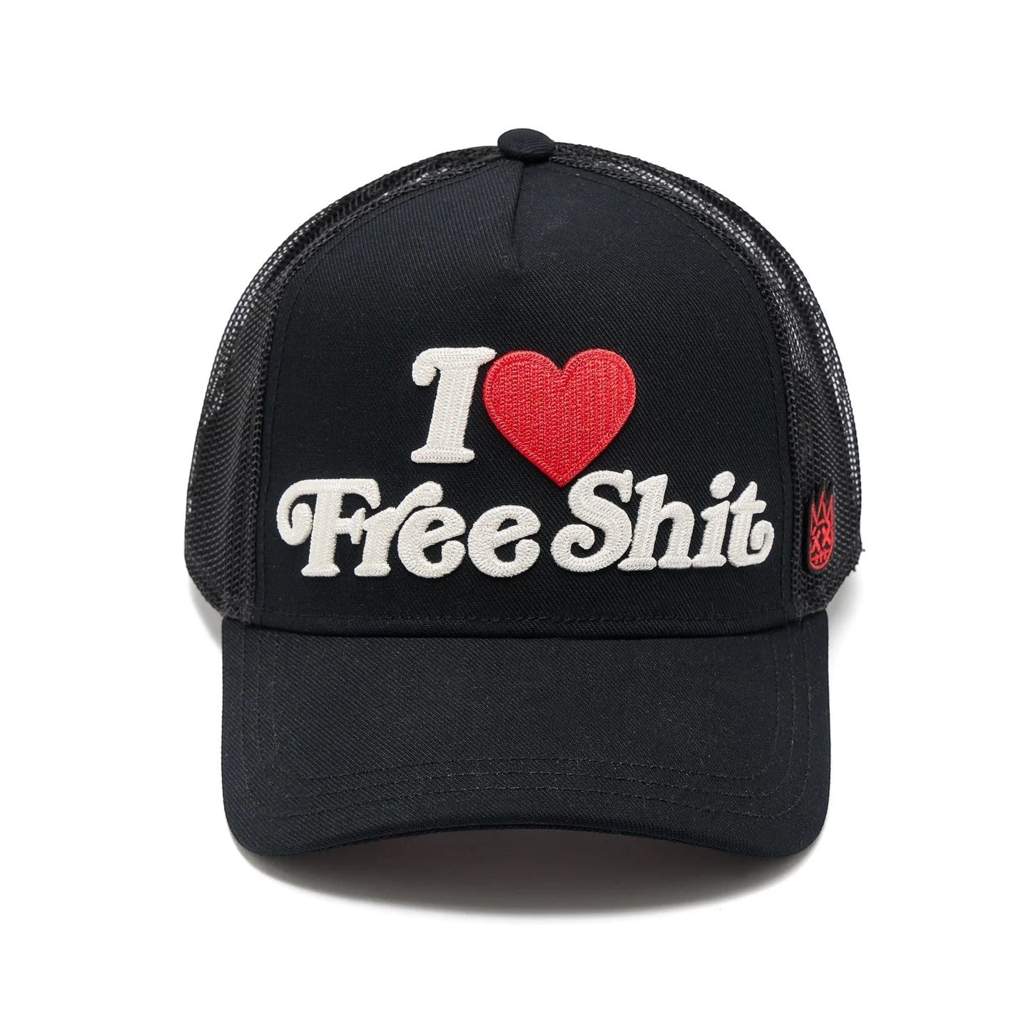 Ballers Clothing Shop black mesh back trucker hat with I Love Free Shit chainstitch embroidery and red heart graphic