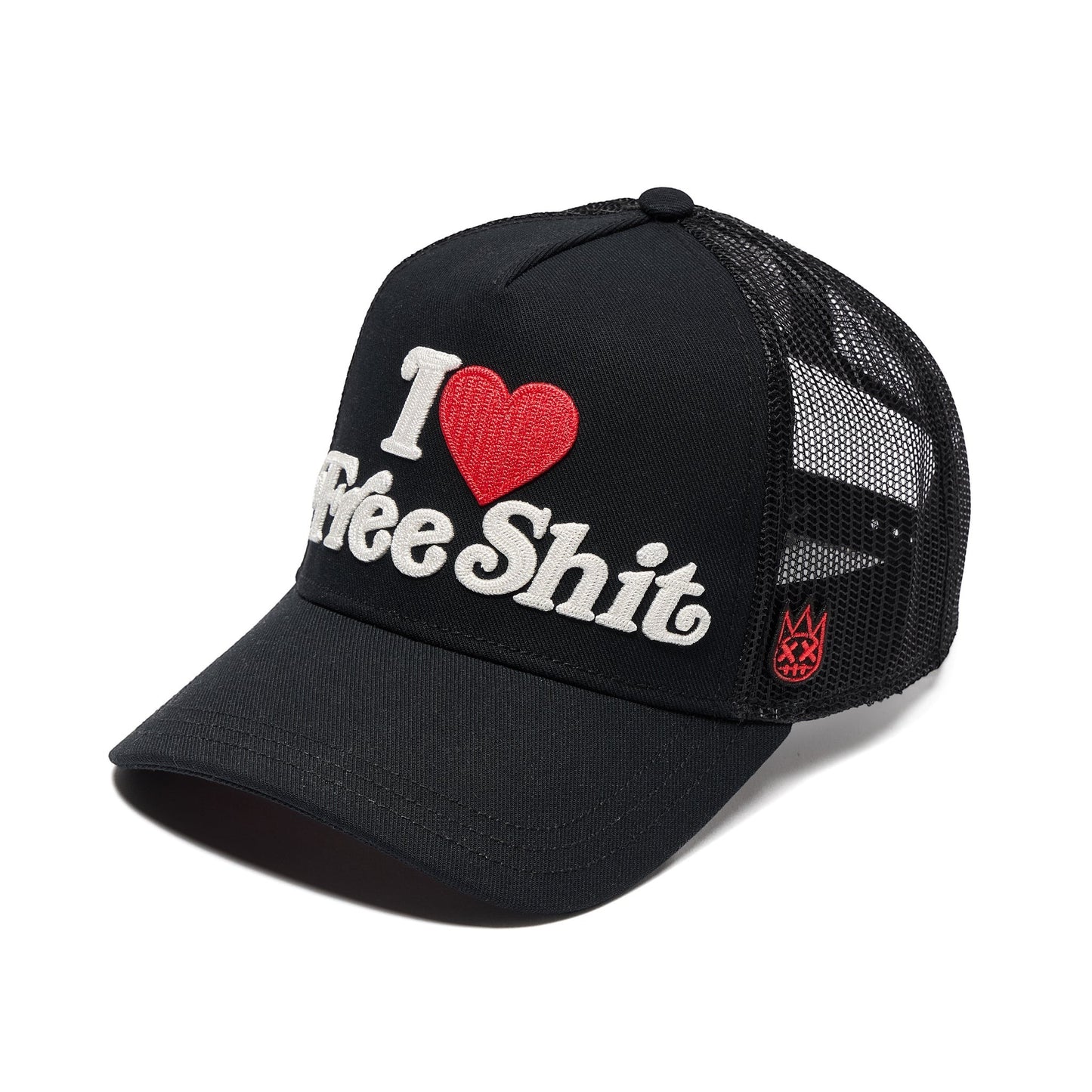 Ballers Clothing Shop black mesh back trucker hat with I Love Free Shit chainstitch embroidery and red heart graphic