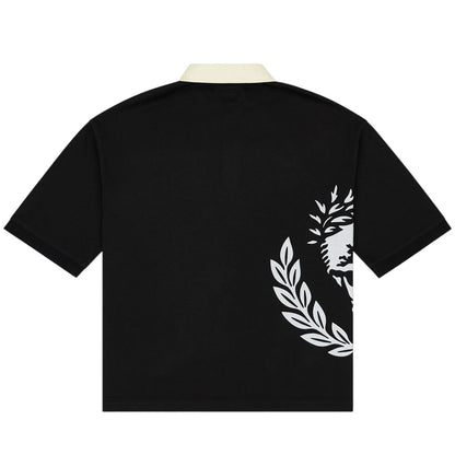 Ballers Clothing Shop black polo shirt with a white Victor Crest graphic and contrasting cream collar, back view.