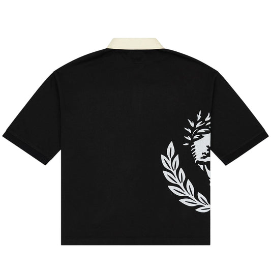 Ballers Clothing Shop black polo shirt with a white Victor Crest graphic and contrasting cream collar, back view.