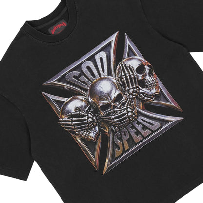 Ballers Clothing Shop black wash t-shirt featuring a metallic cross graphic with three skulls and Godspeed text.