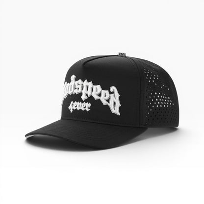 Ballers Clothing Shop black water-resistant hat with white Godspeed embroidery and perforated side panels