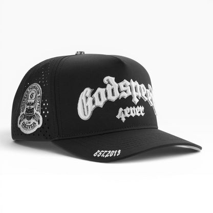 Ballers Clothing Shop black water-resistant snapback hat with white Godspeed embroidery and side logo patch