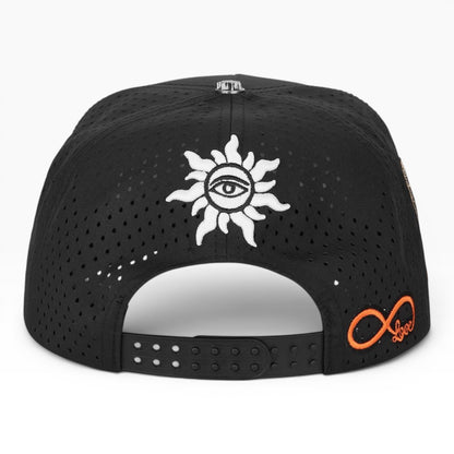Ballers Clothing Shop black water-resistant hat featuring a white sun eye embroidery and orange infinity love logo