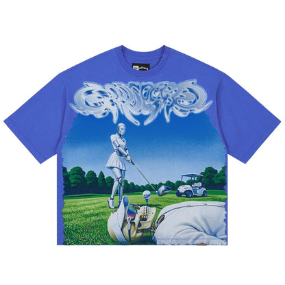 Ballers Clothing Shop blue wash cotton t-shirt featuring a graphic print of a robot golfer and a skull on a golf course.